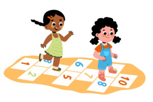 Ilustração de crianças pulando amarelinha.